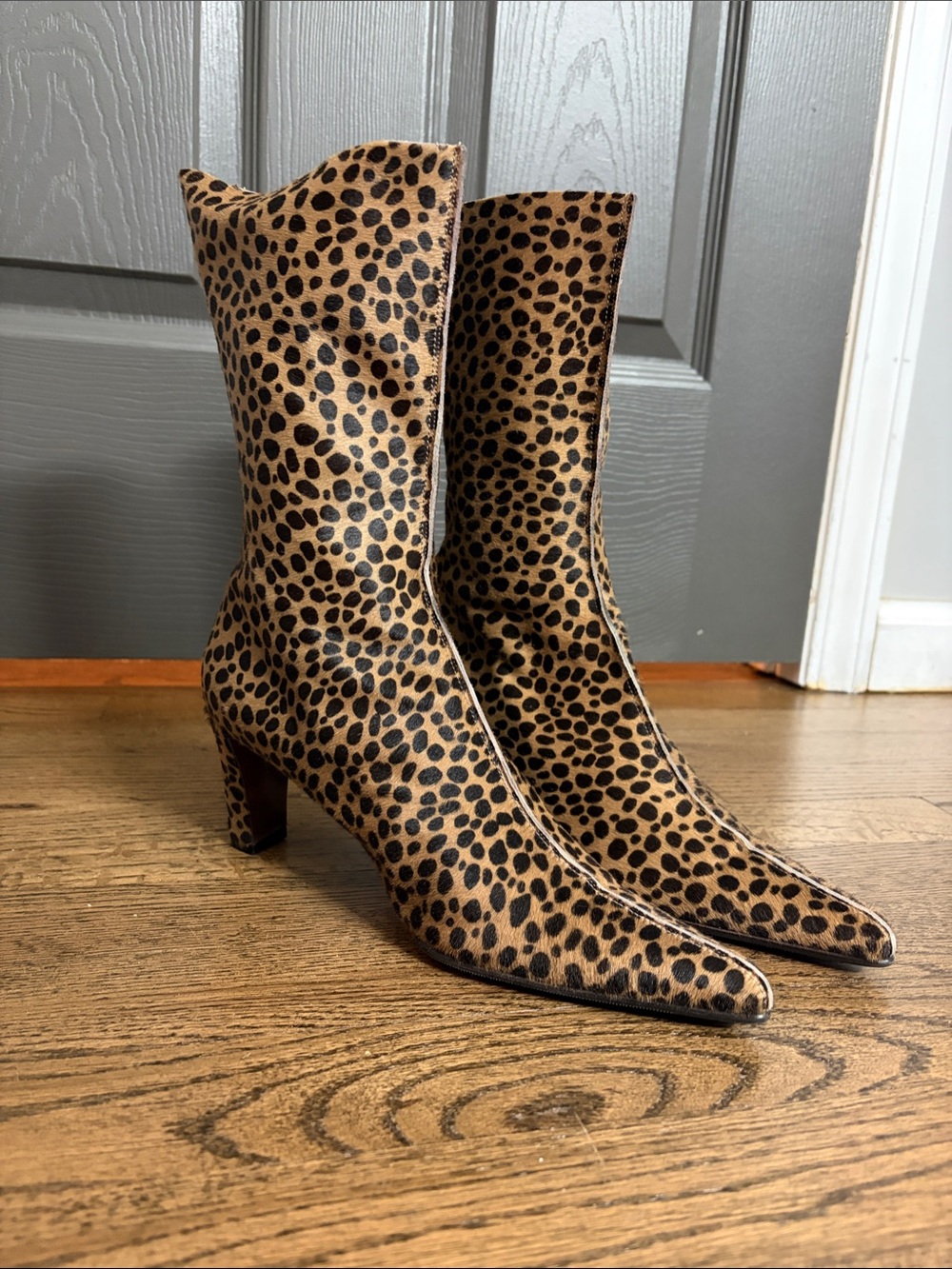 Walter Steiger Leopard-Print Mid-Calf Pointed Heel Boots - Tan/Black